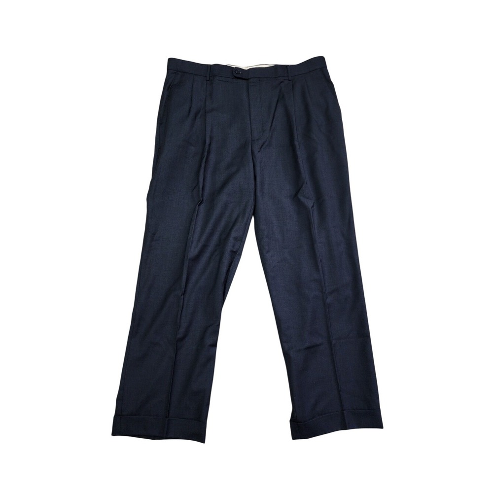 Classic Men's Wool Dress Pants Pleated Navy‎ Blue Cuffed Italy 42L Preppy Office